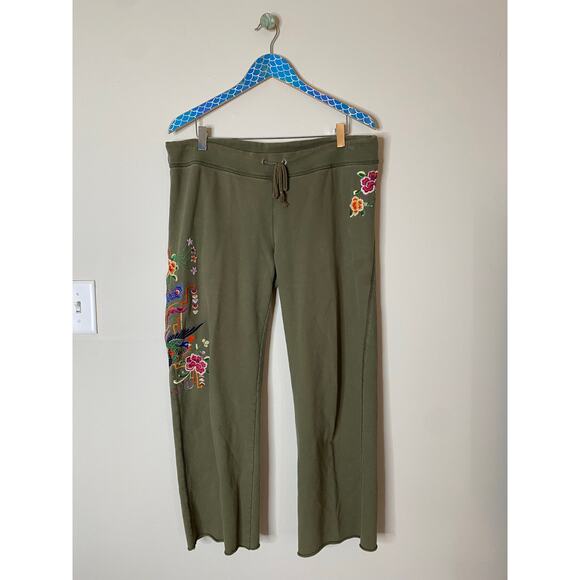 Y2K LUCKY BRAND Green Embroidered Floral Bird Drawstring Cotton Sweatpants Large - Picture 7 of 7